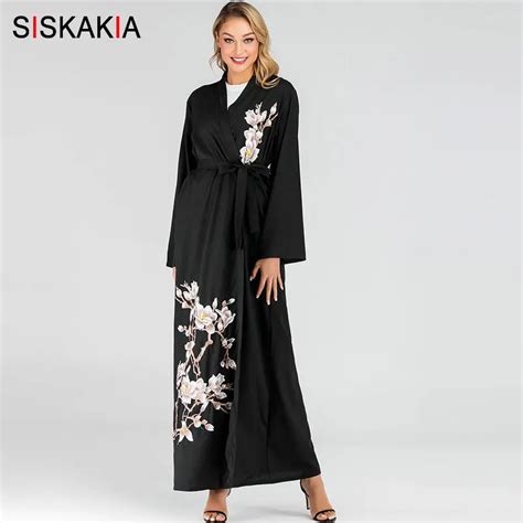 Siskakia Casual Floral Embroidery Kimonos Elegant Muslim Women S