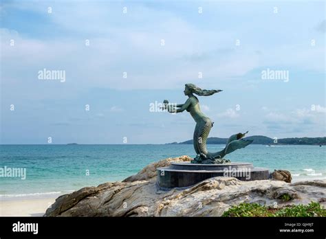 The Mermaid Statue With Seascape Background At Sai Kaew Beach In Samet