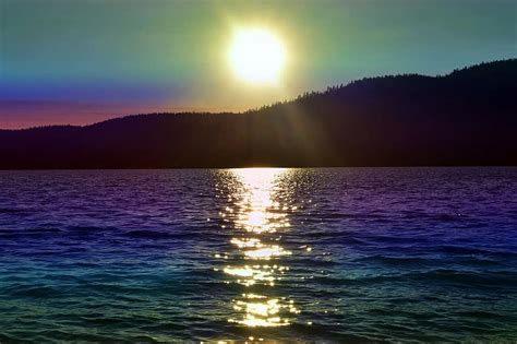 Sunset Rainbow Colored Sun Water Lake Hill Ripples Pikist