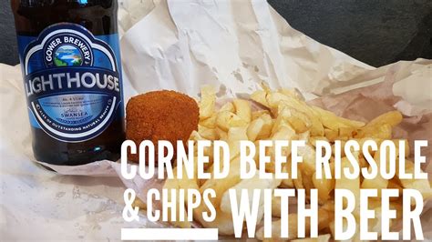 Combine in large bowl with beef, parsley, chives, onions, mustard, if using and salt and pepper. British Corned Beef Rissole & Chips With Gower Brewery Lighthouse Ale - YouTube