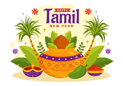 Happy Tamil New Year Vector Illustration With Vishu Flowers Coconut