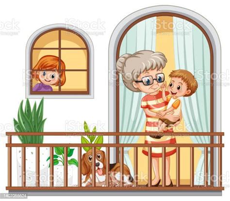 Granny And Her Nephew Standing On The Balcony Stock Illustration