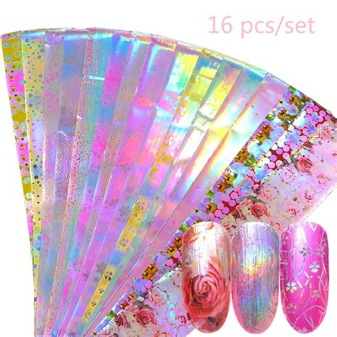 16pcs set holographic nail foil set mix flower design transfer decals slider stickers nail art