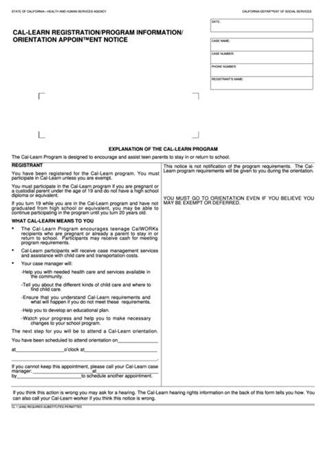 Fillable Form Cl 1 Cal Learn Registrationprogram Information