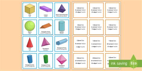 3d Shape And Properties Matching Cards Englishromanian 3d Shape And