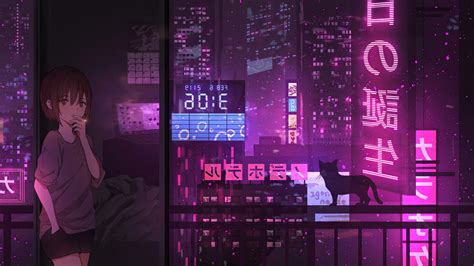 2048x1152 Neon Night Anime Girl Cat Wallpaper2048x1152 Resolution Hd