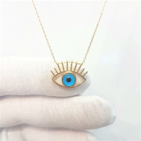 14K Real Solid Gold Evil Eye Eyelash Necklace For Women