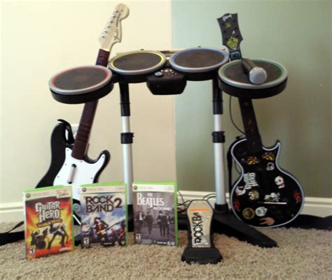 Nonsense For Sale Sold Xbox 360 Rock Band Drum Kit Microphone 2 Guitars And 3 Games 90 Obo