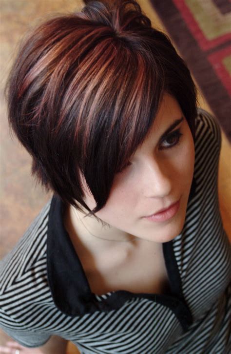 Cranberry And Blonde Over Dark Brown Short Hair Highlights Short