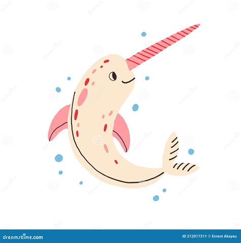 Cute Baby Unicorn Fish Or Narwhal Fairy Sea Animal With Horn And Happy