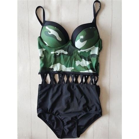 Hollow Out One Piece Camo Swimwear 11 Liked On Polyvore Featuring