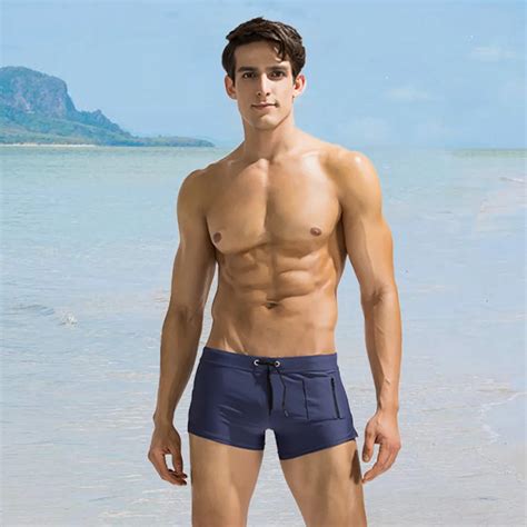 Side Zipper Pocket Swimwears Sexy Mens Swimsuits Man Swimming Shorts