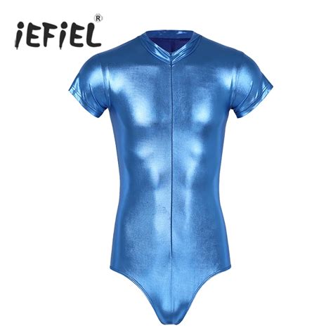 Iefiel Mens One Piece Wetlook Patent Leather Short Sleeves Zippered