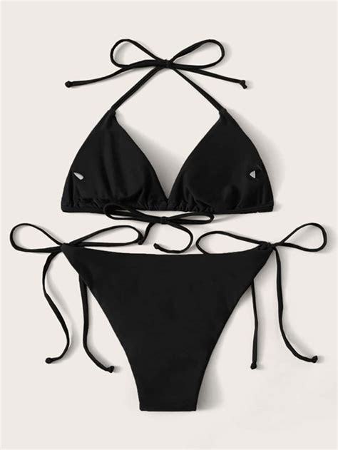 Shein Swim Basics Mono Bikini Set Halter Triangle Bra Top And Tie Side Bikini Bottom 2 Piece