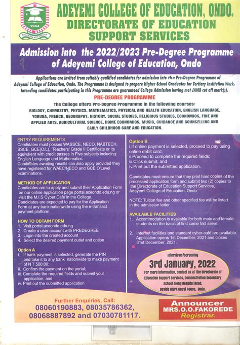 admission 2022 2023 pre degree programme adeyemi college of education