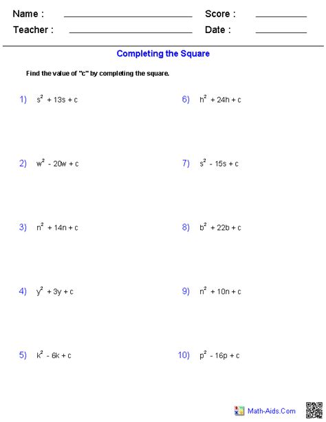 Properties Of Quadratic Functions Worksheet