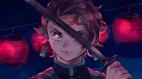 Demon Slayer Tanjirou Kamado With Sword With Black Background And Red