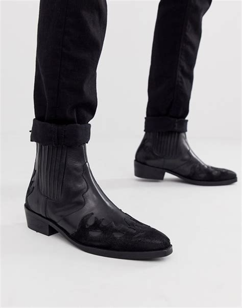 asos design cuban heel western chelsea boots in black leather and suede asos
