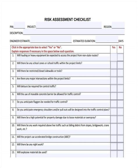 Risk Assessment Checklist Example