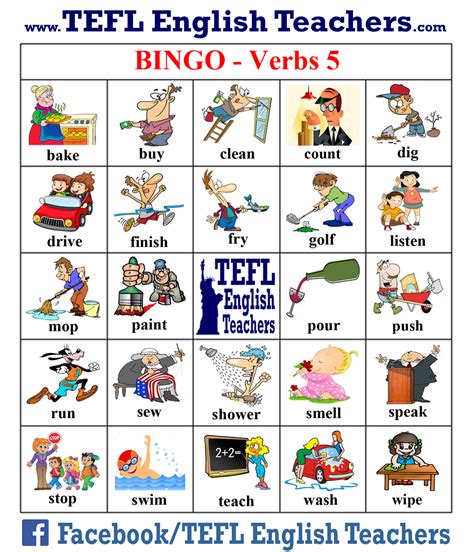 Tefl English Teachers Bingo Verbs Game Board 5 Of 20 Verb Games