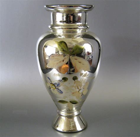 Large Mercury Glass Vase Antique Floral Painted 105 By Unfocused