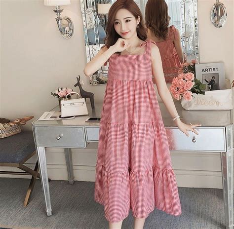 Us 20 66 10 Off 9125 Cute Plaid Cotton Linen Maternity Long Dress Summer Fashion Slip Dress