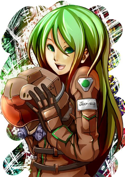safebooru 1girl armored core armored core for answer green eyes green hair headwear removed