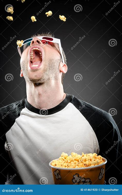 Catching Popcorn And Wearing 3d Glasses Stock Photo Image Of