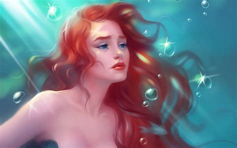 Tears In The Ocean Underwater Art Redhead Mermaid Woman Arielle Fantasy Hd Wallpaper