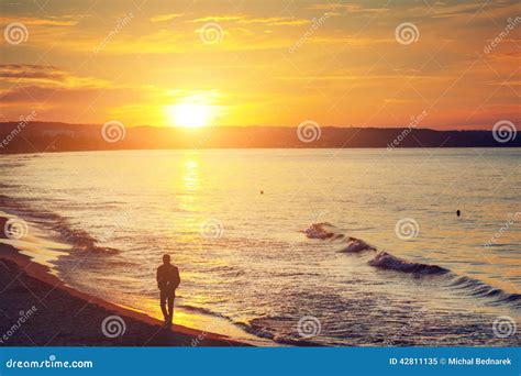 Man Walking Alone On The Beach At Sunset Calm Sea Stock Image Image