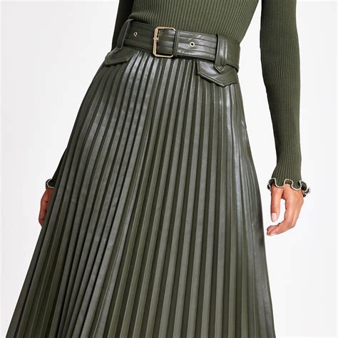 River Island Pleated Faux Leather Midi Skirt Lyst