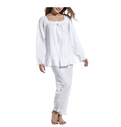 Womens 2 Set Cotton Victorian White Long Sleeve Pajama Set Nightgown