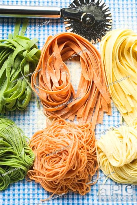 Ribbon Pasta And Spaghetti In Three Colours Stock Photo Picture And