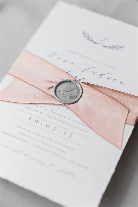 Deckle Wedding Invitation With Silk Ribbon Custom Monogram Silver Wax