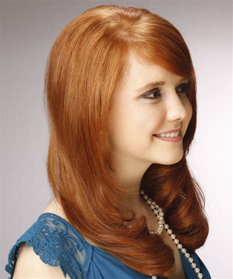 Look at this side swept bang with long bob on wavy hair. Long Wavy Orange Hairstyle with Side Swept Bangs
