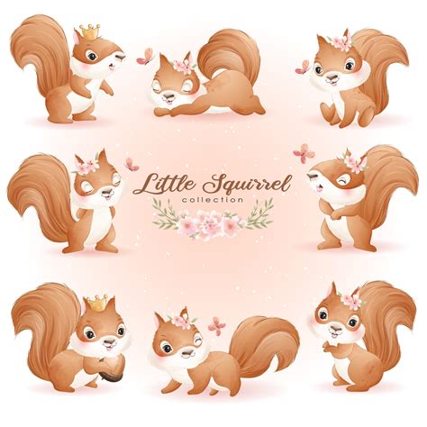 Cute Squirrel Poses Clipart With Watercolor Illustration