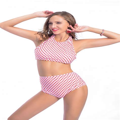 Sexy Hanging Neck High Neck Dot Pattern Print Set Swimwear Women Push Up Bikini 2017 Bathing