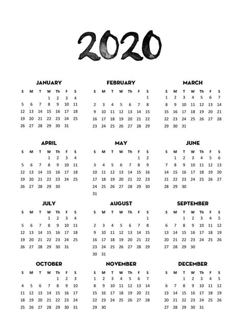 Impressive Year At A Glance Calendar 2020 Template Printable Blank