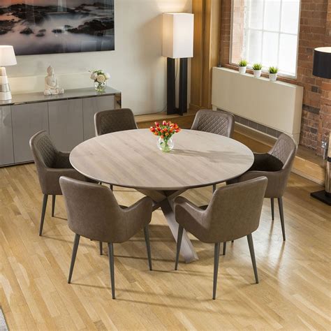 It measures 48 in diameter, and comfortably seats four (with elbow room to spare). Huge 1600mm Grey Solid Oak Round Dining Table + 6 Brown ...
