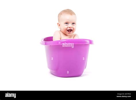 Cute Baby Boy Take Bath In Purple Tub Stock Photo Alamy