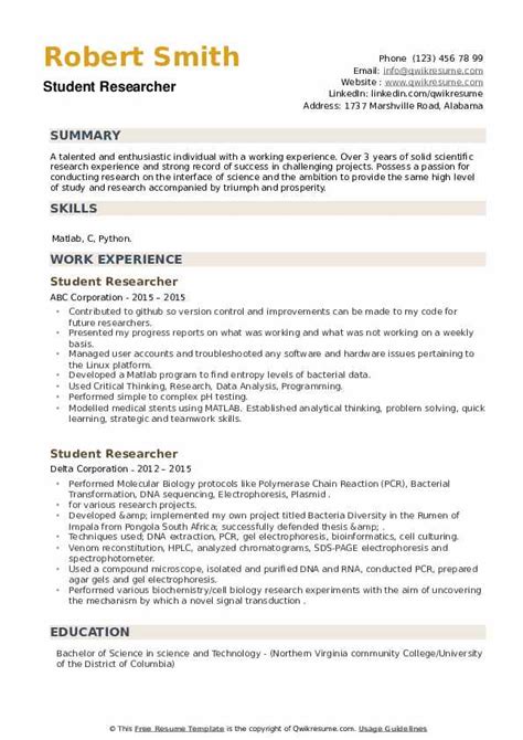 student researcher resume samples qwikresume