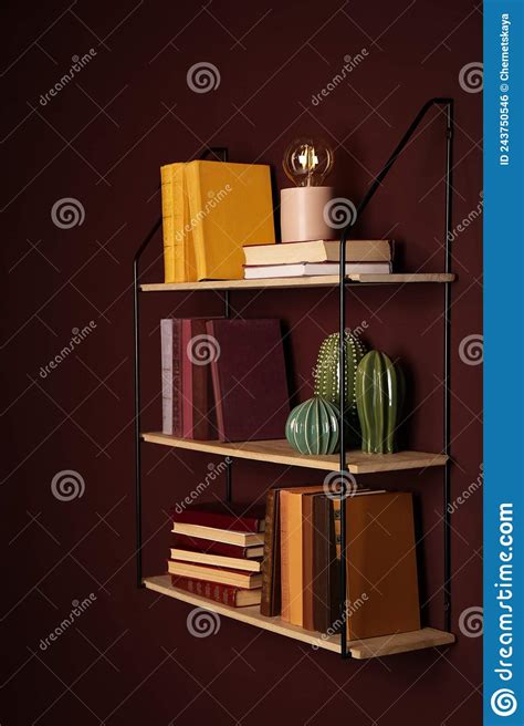 Shelves With Different Books Lamp And Ceramic Cacti On Brown Wall