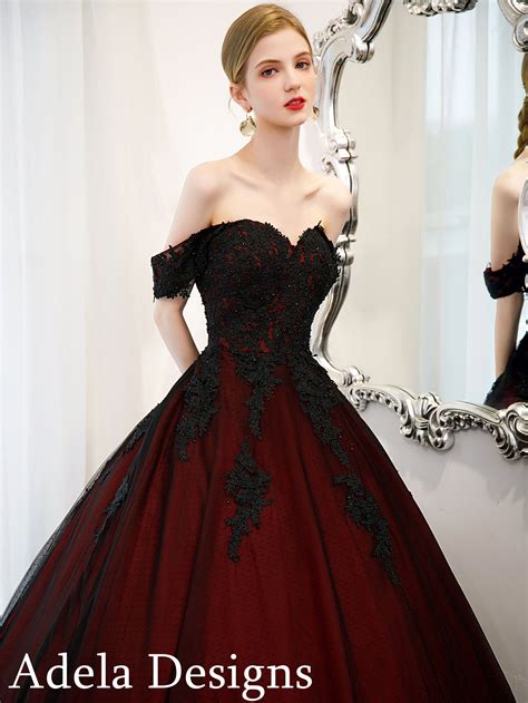 Black And Dark Red Ball Gown Gothic Wedding Dress Bridal Off Etsy