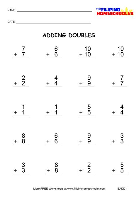 Adding Doubles Worksheets 2nd Grade Doubles Worksheet First Grade