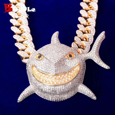 Full Zircon Animal Shark Head Pendant With 20mm Cuban Chain Necklace