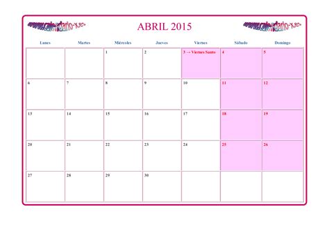 Calendario Abril 2015