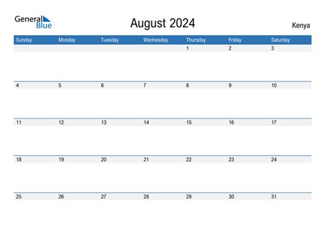 August 2024 Calendar With Kenya Holidays