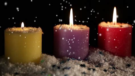 Candles Isolated On Black Snow Is Falling Holiday Background With