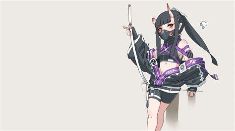 Wallpaper Oni Girl Mask Horns Original Characters Black Hair