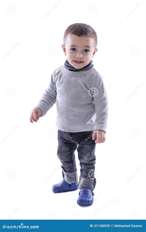 Joyful Baby Boy Standing Over White Stock Image Image Of Standing